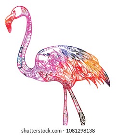 Flamingo. Meditative coloring. Mandala, dudling drawing. Drawing by hand. Coloring for children. Dots, stripes, arrows, flowers.