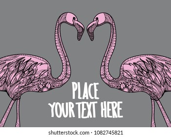 Flamingo. Meditative coloring. Mandala, dudling drawing. Drawing by hand. Coloring for children. Dots, stripes, arrows, flowers.