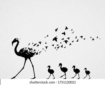 Flamingo mom and children silhouettes, flock of flying birds. Endangered animal family. Life and death. Wildlife protection concept. Metaphor black and white art. Vector illustration for prints