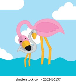 Flamingo mamá con pequeña ilustración de un vector