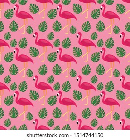 flamingo with monstera leaf seamless pattern vector illustration background 