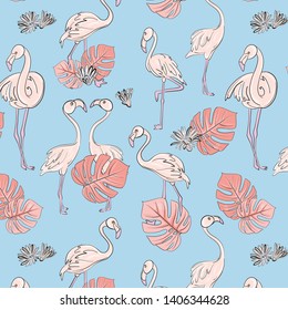 flamingo and monstera leaves pattern. Exotic tropical decoration. Vector nursery print