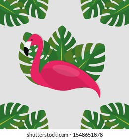 flamingo with monstera plant vector illustration