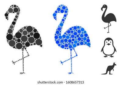 Flamingo mosaic of small circles in different sizes and color tinges, based on flamingo icon. Vector dots are united into blue mosaic. Dotted flamingo icon in usual and blue versions.
