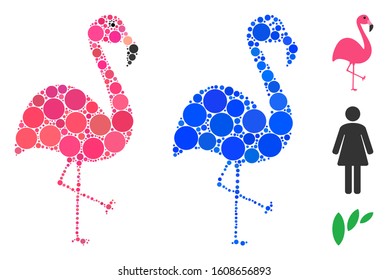 Flamingo mosaic of small circles in various sizes and color tints, based on flamingo icon. Vector small circles are organized into blue composition. Dotted flamingo icon in usual and blue versions.