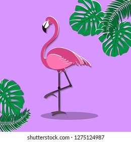 Flamingo Nature Papercraft plant leaves palm trees and monsters, vector illustration