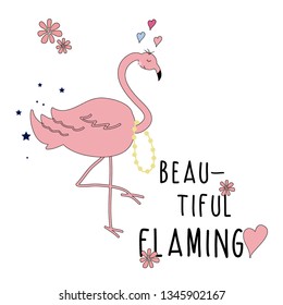 flamingo necklace heart star text line pink girl tee illustration art vector