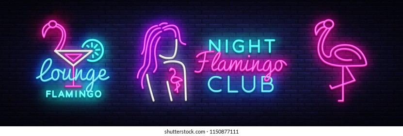 Flamingo Neon collection Logo Vector. Flamingo night club neon sign concept, design template, modern trend design, night neon signboard, night bright advertising, light banner, light art. Vector