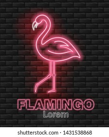 Flamingo neon, pink flamingo, hello summer, neon pink light, brick background, vector illustration