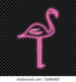Flamingo neon sign. Glowing and shining bright signboard of pink exotic tropical bird. Vector illustration.