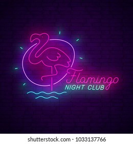 Flamingo neon sing. Night club banner, logo, emblem and label. Bright signboard, light banner.  Vector illustration.