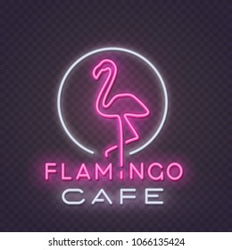 Flamingo neon wall sign template isolated on transparent background. Summer tropical bright signboard, light bulb banner. Vector pink neon cafe logo, night emblem for your design.