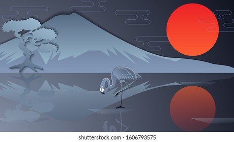Flamingo on background of Mount Fuji. Silhouette of fuji, bonsai, flamingo and sun. Modern asian background. Vector illustration