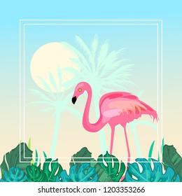 Flamingo on the background of palm trees. Summer landscape with sun and tropical leaves. White frame. Vector illustration
