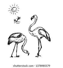 Flamingo on a background of palm trees. Vector illustration.