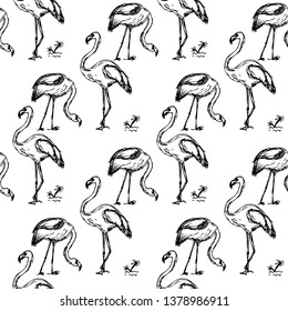 Flamingo on a background of palm trees. Seamless pattern.  Vector illustration.