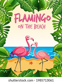 Flamingo on the beach banner with many tropical leaves illustration