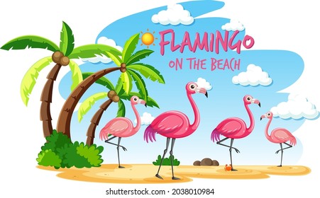 Flamingo en la pancarta de la playa con muchos niños en la ilustración de la playa