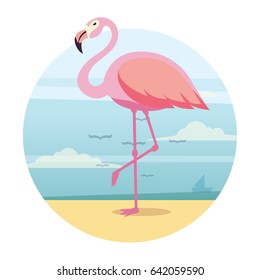 Flamingo on beach. Flat icon design. Vector illustration