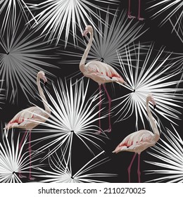 Flamingo on a black background, jungle. Seamless pattern with flamingos and tropical fan palms.  Colorful pattern for textile, cover, wrapping paper, web.