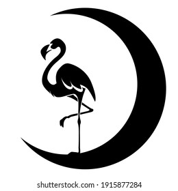 Flamingo on the crescent Moon. 
Tattoo, creative logo, wall decals, artwork, minimalist wall art, poster design. Black silhouette drawn on a white background.
