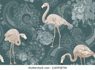 Flamingo em um fundo verde, selva. Padrão sem costura com flamingos e plantas tropicais. Clipe vetorial. Padrão colorido Paisley para têxtil, capa, papel de embrulho, web