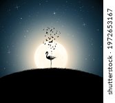 Flamingo on moonlight night. Endangered animal. Death and afterlife