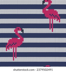 Flamingo on nautical striped background. Knitted seamless pattern for sweater or socks design. Vector illustration.