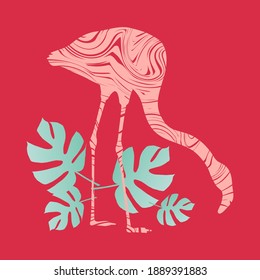 Flamingo auf rosafarbenem Hintergrund auf tropischen Blättern. Afrikanischer und asiatischer Vogel. Vektorgrafik für Webdesign oder Print.