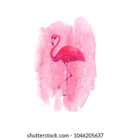 Flamingo on pink watercolor hand drawn spot background. Tropical exotic bird pink flamingo isolated on white background. Watercolour hand drawn illustration. Print for design, wrapping, cards, textile