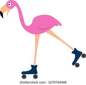 Flamingo sobre patines, ilustración, vector sobre fondo blanco.