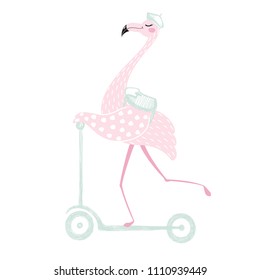 Flamingo on scooter cute back to school card. Tropical girl bird with backpack and beret. Fashion child vector. Hand draw illustration for t-shirt, kids apparel and education design.