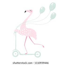 Flamingo on scooter cute Happy Birthday card. Tropical girl bird with balloons. Fashion child vector. Hand draw illustration for t-shirt, kids apparel and invintation design. Baby shower