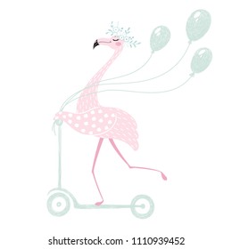 Flamingo on scooter cute Happy Birthday card. Tropical girl bird with flower wreath and balloons. Fashion child vector. Illustration for t-shirt, kids apparel and invintation design. Baby shower