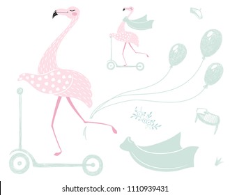Flamingo on scooter cute set for t-short print design. Summer time. Tropical bird with beret, scarf, princess crown, wreath and backpack. Fashion child vector. For t-shirt, kids apparel, baby shower