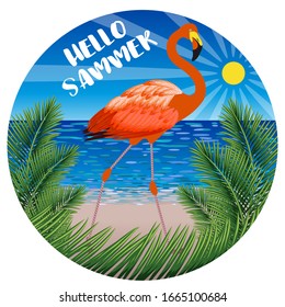 Flamingo on sea, palm and sand. Vector illustration.