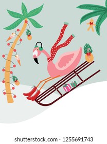 Flamingo on a sleigh ride in the snow surrounded with palm trees, christmas ice cream cones, gingermen cookies, and candy cane. Great for textile print, holiday invitations, or packaging. 