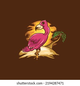 flamingo on a small island with coconut trees