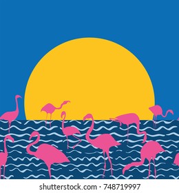 Flamingo on the sunset sea sitting sun, hand drawn vector illustration. Beach print wallpaper