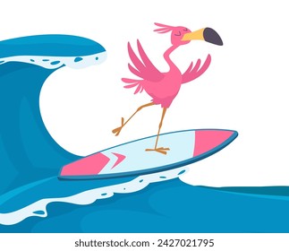 Flamingo on surf board happy pink bird flamingo standing on surf board