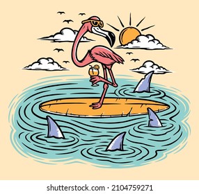 flamingo on a surfboard in the sea illustration