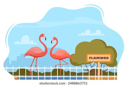 Flamingo on territory of wildlife zoo park surrounded by fence. Vector illustration
