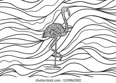 Flamingo on wavy wallpaper. Abstract backdrop with bird. Hand drawn foliage mandala on isolated background. Design for spiritual relaxation for adults. Black and white illustration. Vintage style