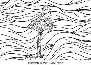 Flamingo on wavy wallpaper. Abstract backdrop with bird. Hand drawn foliage mandala on isolated background. Design for spiritual relaxation for adults. Black and white illustration. Vintage style