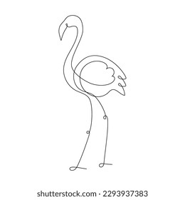 Flamingo una ilustración de línea continua aislada en fondo blanco. Arte de una sola línea. Dibujar pájaro tropical a mano. Estilo de contorno simple. Ilustración vectorial para tarjeta, afiche, logotipo, tatuaje de pegatinas.