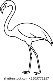 Flamingo outline or line art or sketch illustration, standing on one leg with its long neck curved, drawn with elegant and slender lines on a white background.