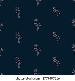 Flamingo Umriss. Muster mit Vogel. Nahtlose Vektorgrafik einzeln auf blauem Hintergrund.