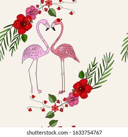 Flamingo pair of birds surrounded by exotic plants vector illustration. Seamless pattern. flamingos look at each other, forming a heart with bends of the neck. Hibiscus, palm branch, flamingo vector 