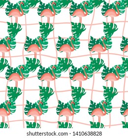 Flamingo and palm leaves seamless pattern. Hand drawn flat style background. Summer tropical illustration. Stock vector