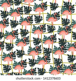 Flamingo and palm leaves seamless pattern. Hand drawn flat style background. Summer tropical illustration. Stock vector